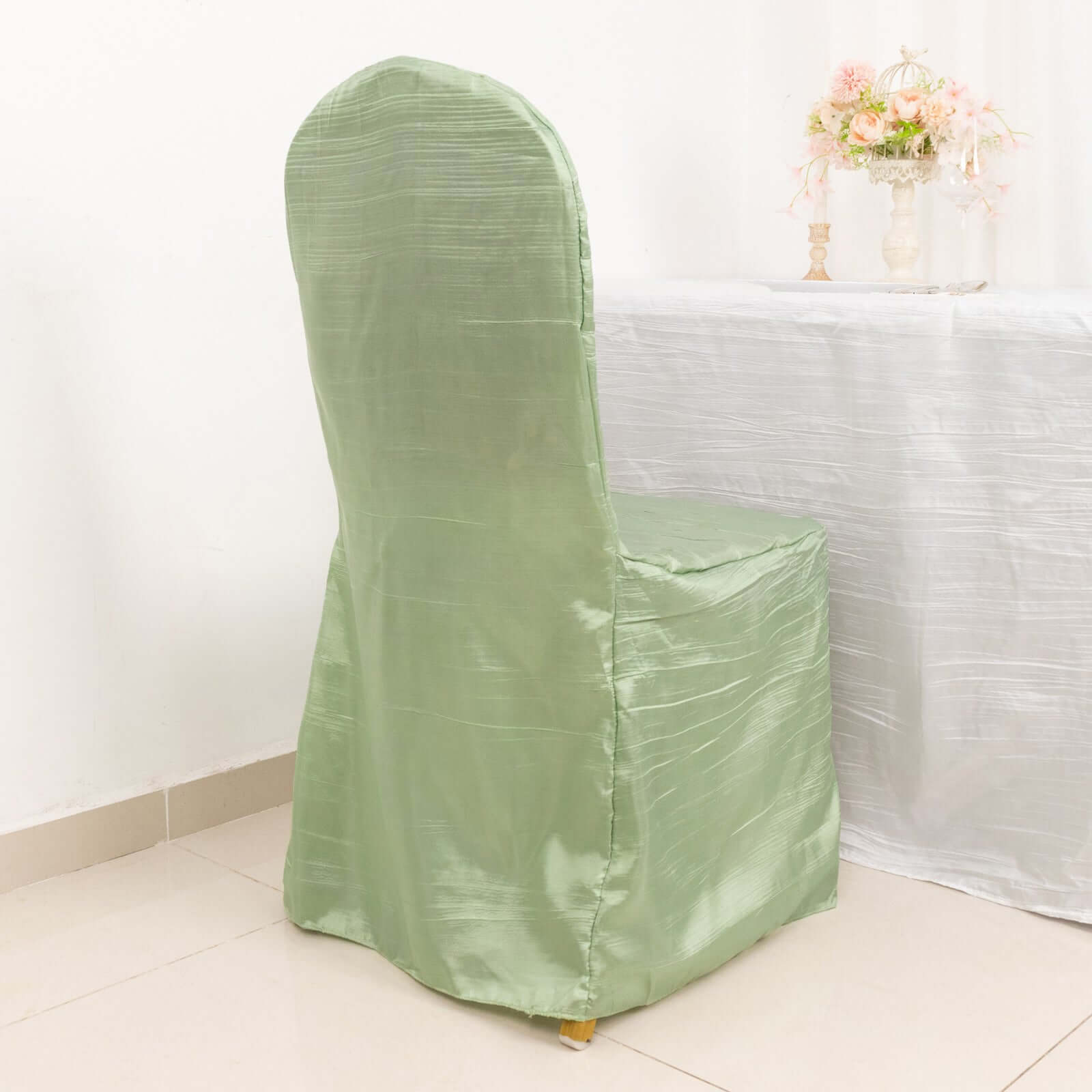 Crinkle Crushed Taffeta Chair Cover for Banquet Chairs Sage Green - Reusable Slipcover - Bell Racket Store