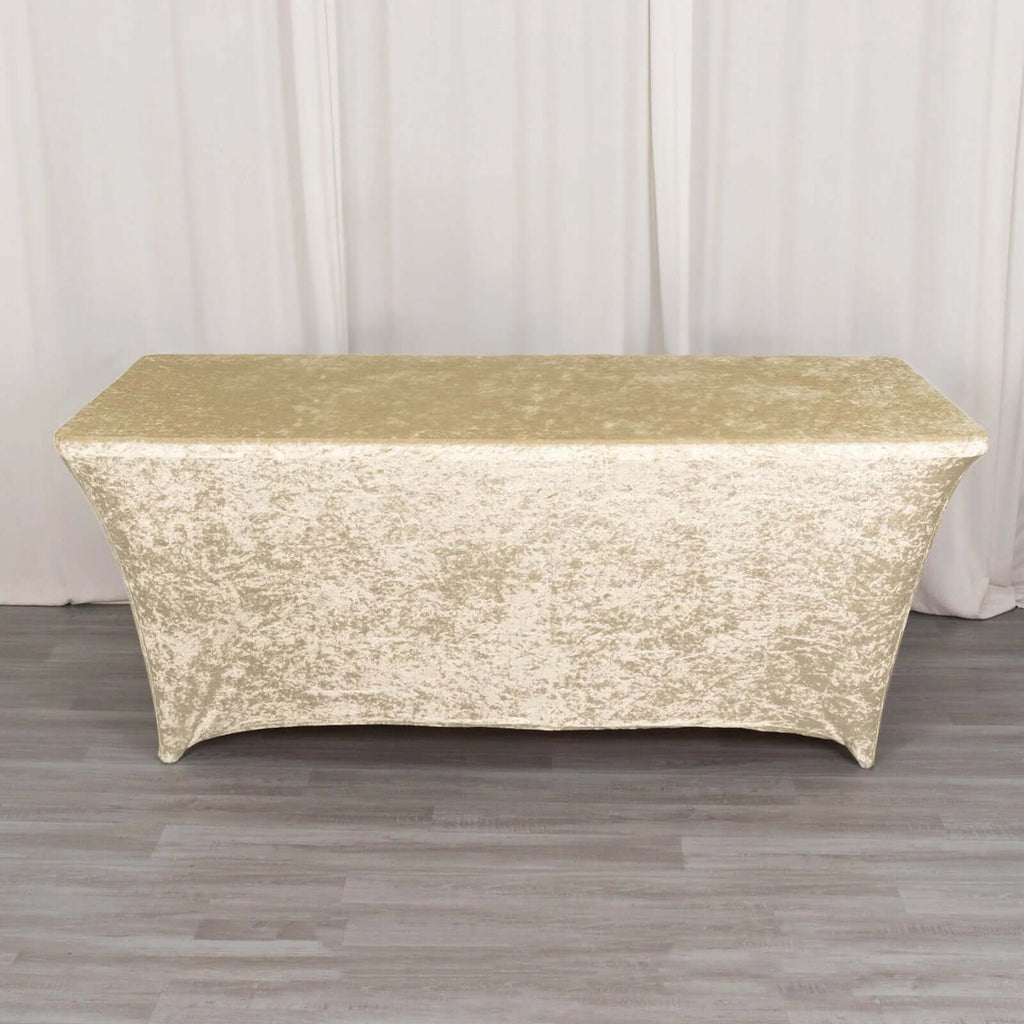 Crushed Velvet Fitted Rectangular 6ft Table Cover Beige - Wrinkle - Free Stretchy Tablecloth - Bell Racket Store