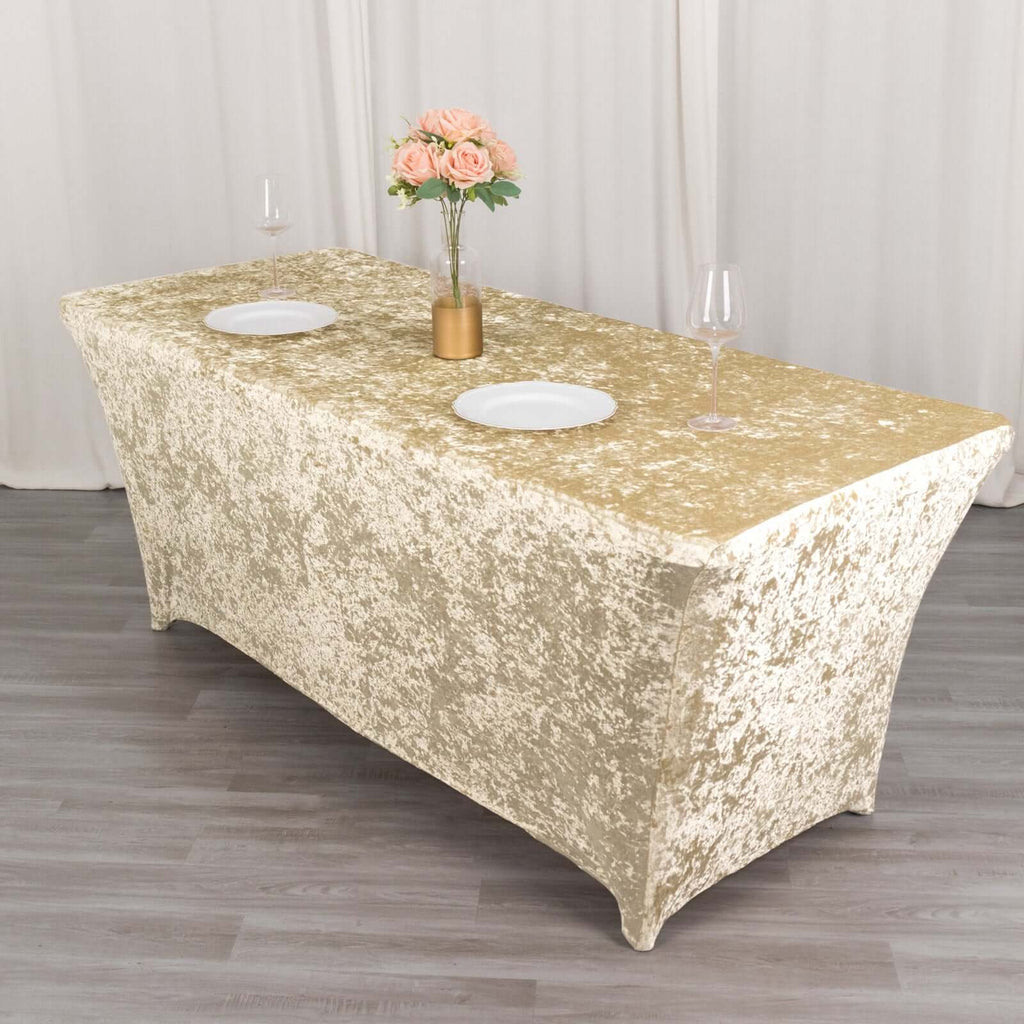 Crushed Velvet Fitted Rectangular 6ft Table Cover Beige - Wrinkle - Free Stretchy Tablecloth - Bell Racket Store