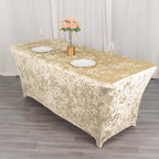 Crushed Velvet Fitted Rectangular 6ft Table Cover Beige - Wrinkle - Free Stretchy Tablecloth - Bell Racket Store