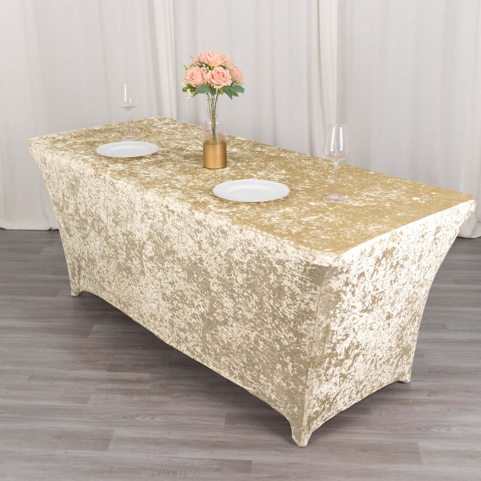 Crushed Velvet Fitted Rectangular 6ft Table Cover Beige - Wrinkle - Free Stretchy Tablecloth - Bell Racket Store