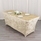 Crushed Velvet Fitted Rectangular 6ft Table Cover Beige - Wrinkle - Free Stretchy Tablecloth - Bell Racket Store