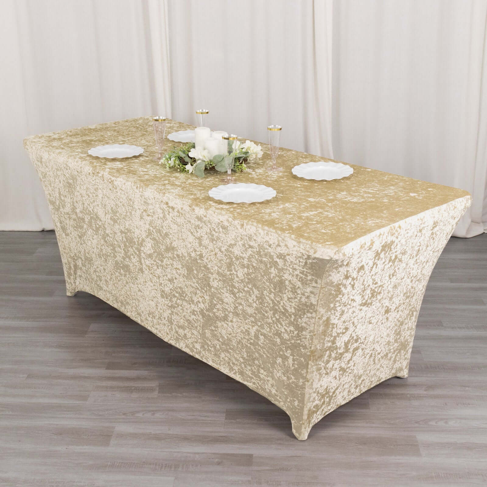 Crushed Velvet Fitted Rectangular 6ft Table Cover Beige - Wrinkle - Free Stretchy Tablecloth - Bell Racket Store