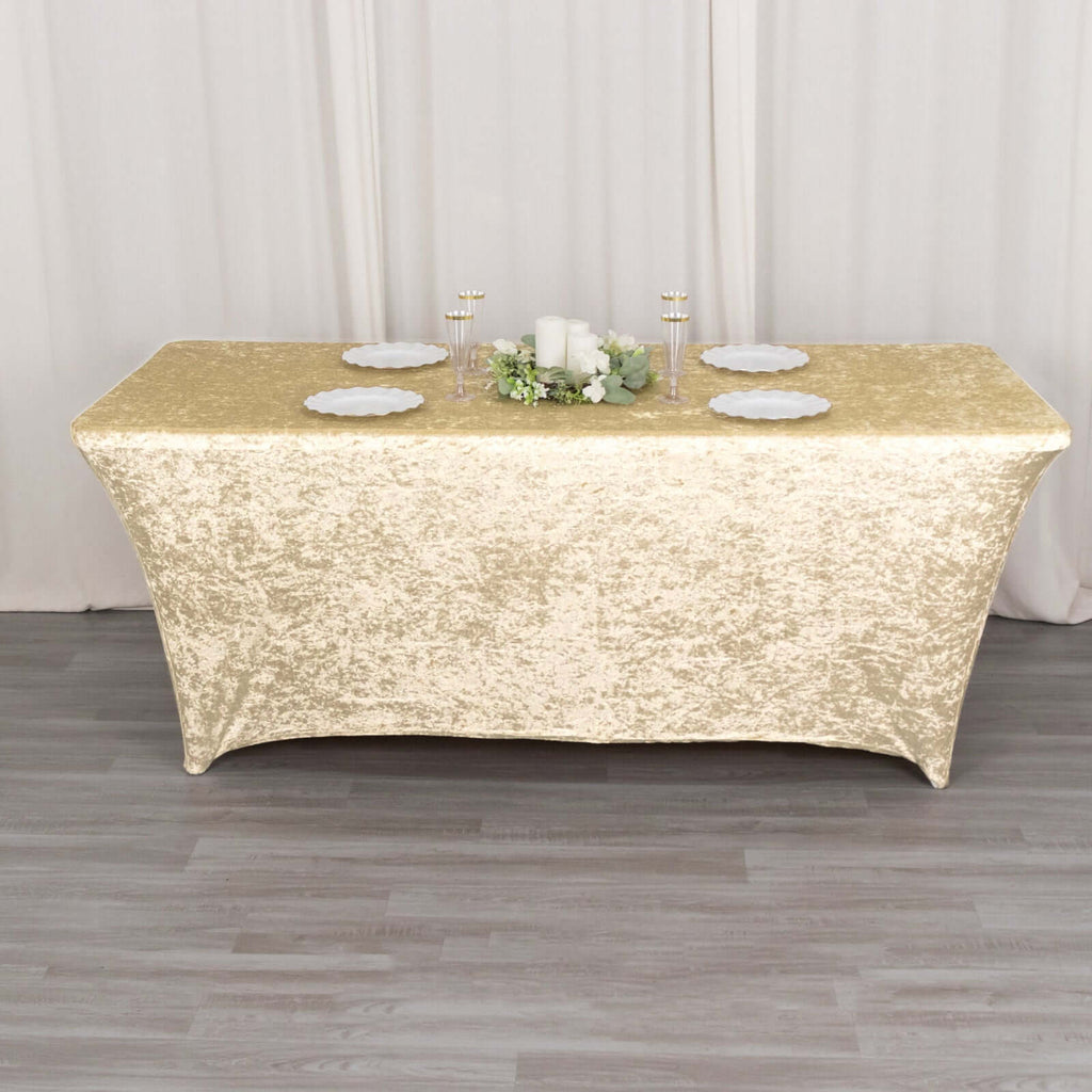 Crushed Velvet Fitted Rectangular 6ft Table Cover Beige - Wrinkle - Free Stretchy Tablecloth - Bell Racket Store
