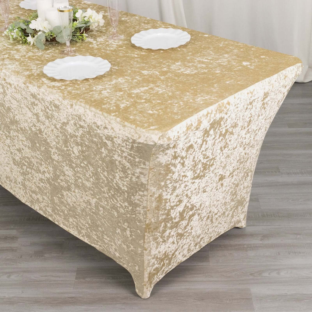 Crushed Velvet Fitted Rectangular 6ft Table Cover Beige - Wrinkle - Free Stretchy Tablecloth - Bell Racket Store