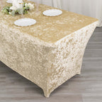 Crushed Velvet Fitted Rectangular 6ft Table Cover Beige - Wrinkle - Free Stretchy Tablecloth - Bell Racket Store