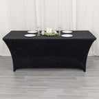 Crushed Velvet Fitted Rectangular 6ft Table Cover Black - Wrinkle - Free Stretchy Tablecloth - Bell Racket Store