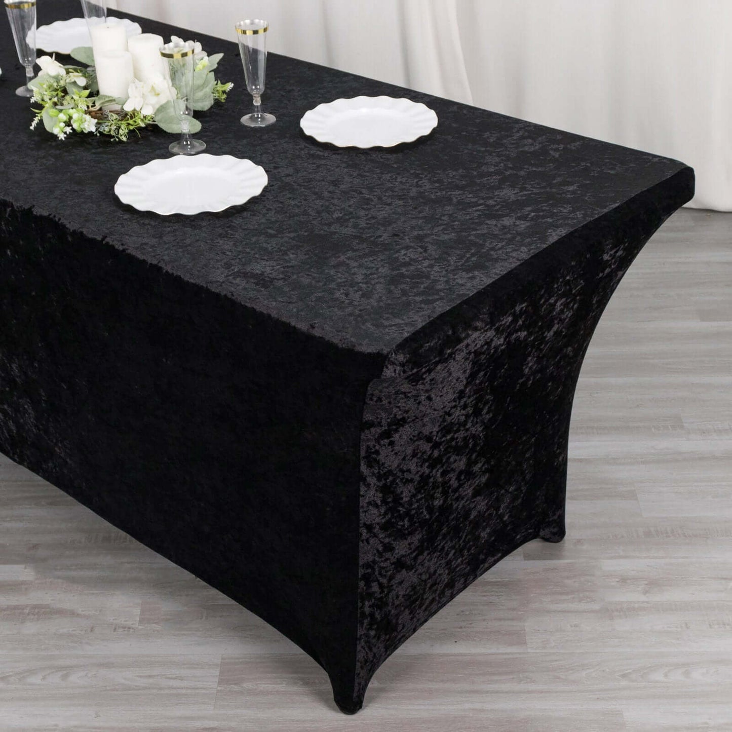 Crushed Velvet Fitted Rectangular 6ft Table Cover Black - Wrinkle - Free Stretchy Tablecloth - Bell Racket Store