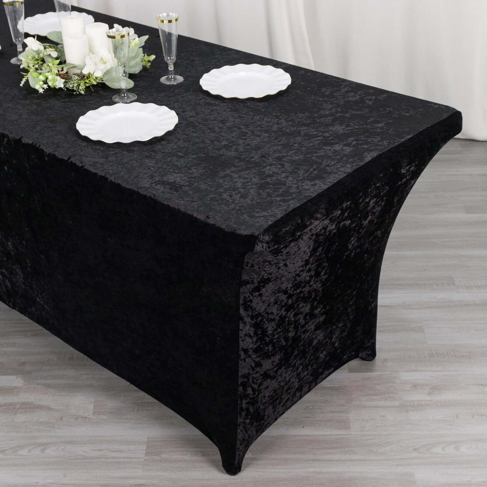 Crushed Velvet Fitted Rectangular 6ft Table Cover Black - Wrinkle - Free Stretchy Tablecloth - Bell Racket Store