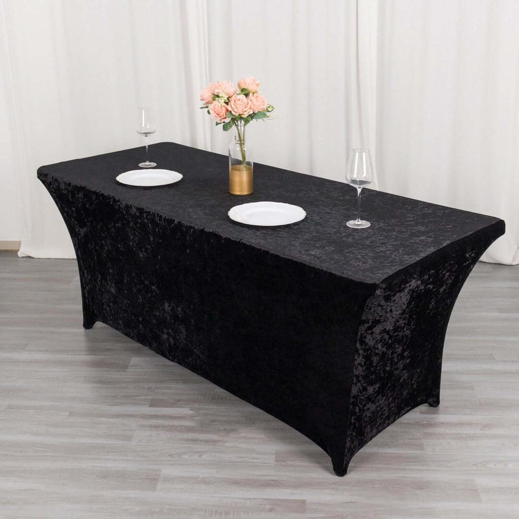 Crushed Velvet Fitted Rectangular 6ft Table Cover Black - Wrinkle - Free Stretchy Tablecloth - Bell Racket Store