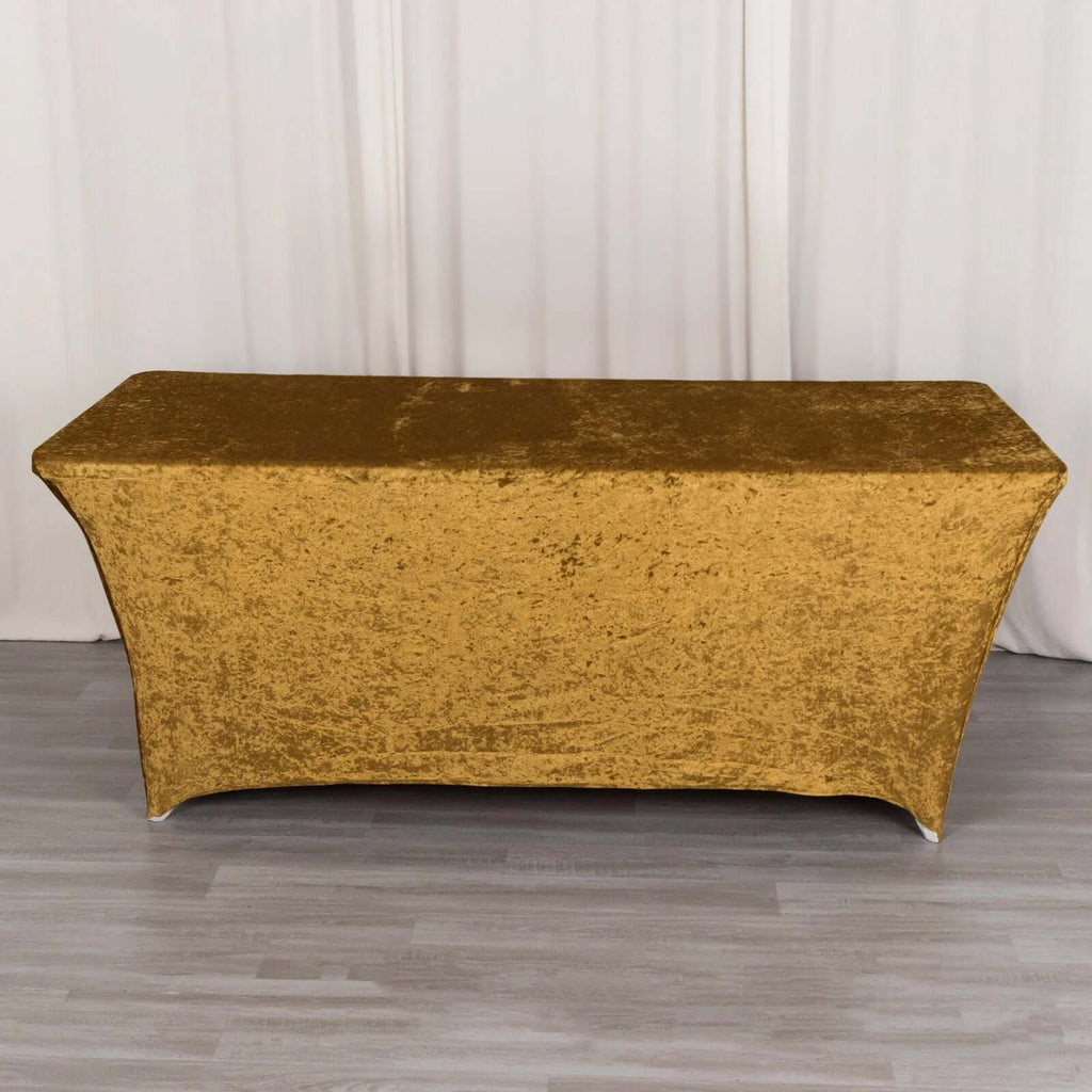 Crushed Velvet Fitted Rectangular 6ft Table Cover Gold - Wrinkle - Free Stretchy Tablecloth - Bell Racket Store
