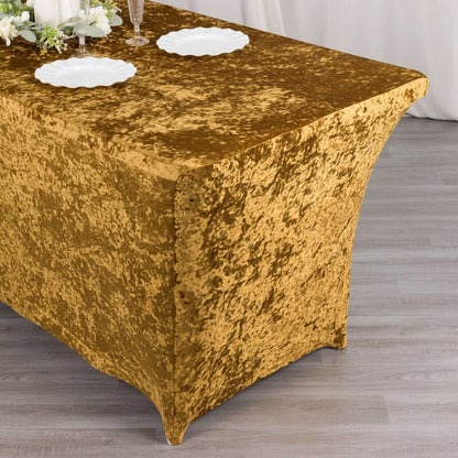 Crushed Velvet Fitted Rectangular 6ft Table Cover Gold - Wrinkle - Free Stretchy Tablecloth - Bell Racket Store