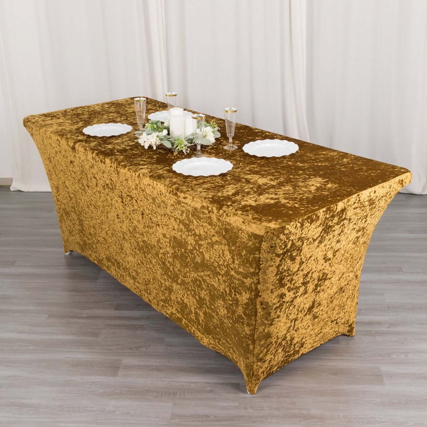 Crushed Velvet Fitted Rectangular 6ft Table Cover Gold - Wrinkle - Free Stretchy Tablecloth - Bell Racket Store