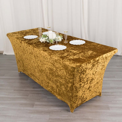 Crushed Velvet Fitted Rectangular 6ft Table Cover Gold - Wrinkle - Free Stretchy Tablecloth - Bell Racket Store