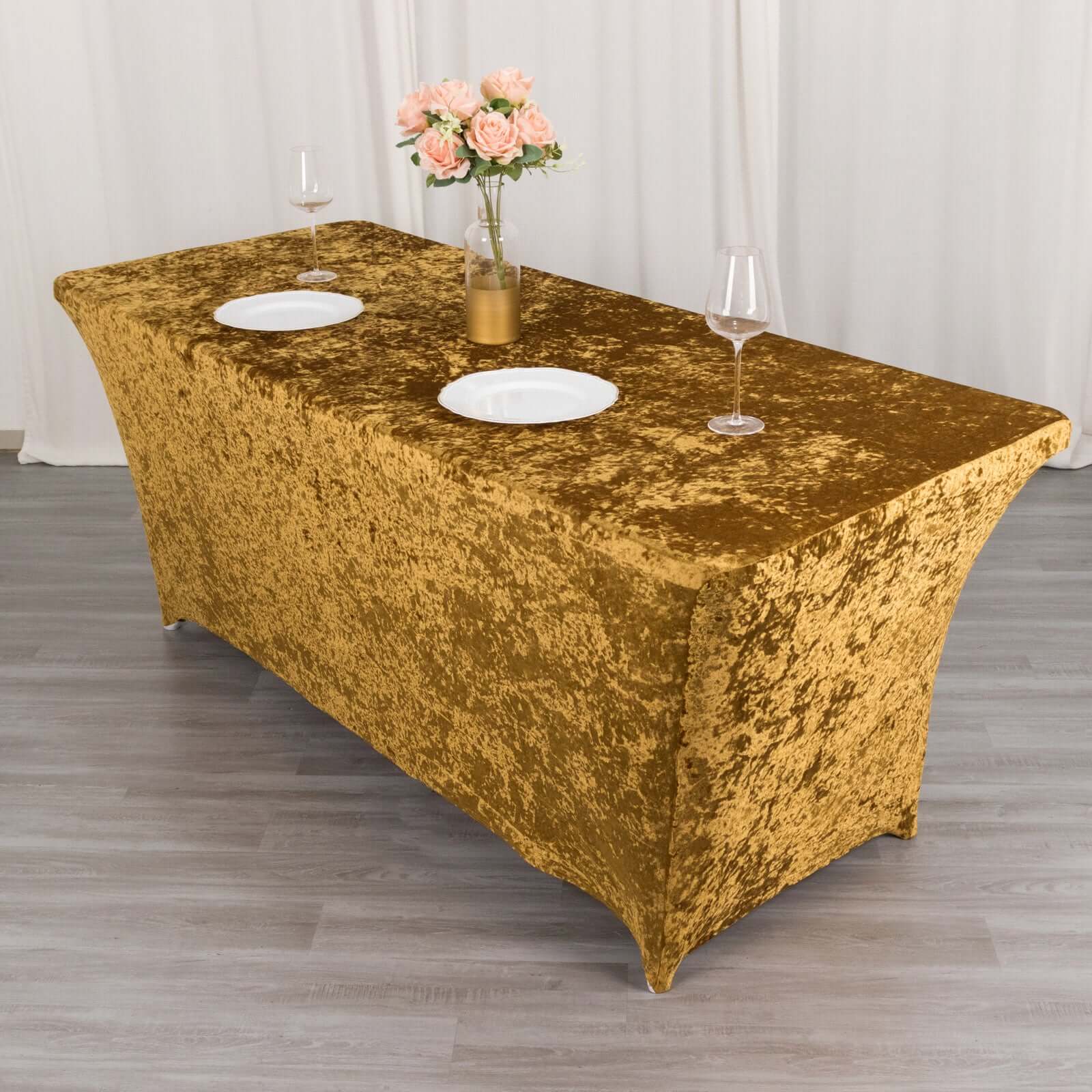 Crushed Velvet Fitted Rectangular 6ft Table Cover Gold - Wrinkle - Free Stretchy Tablecloth - Bell Racket Store