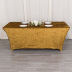 Crushed Velvet Fitted Rectangular 6ft Table Cover Gold - Wrinkle - Free Stretchy Tablecloth - Bell Racket Store