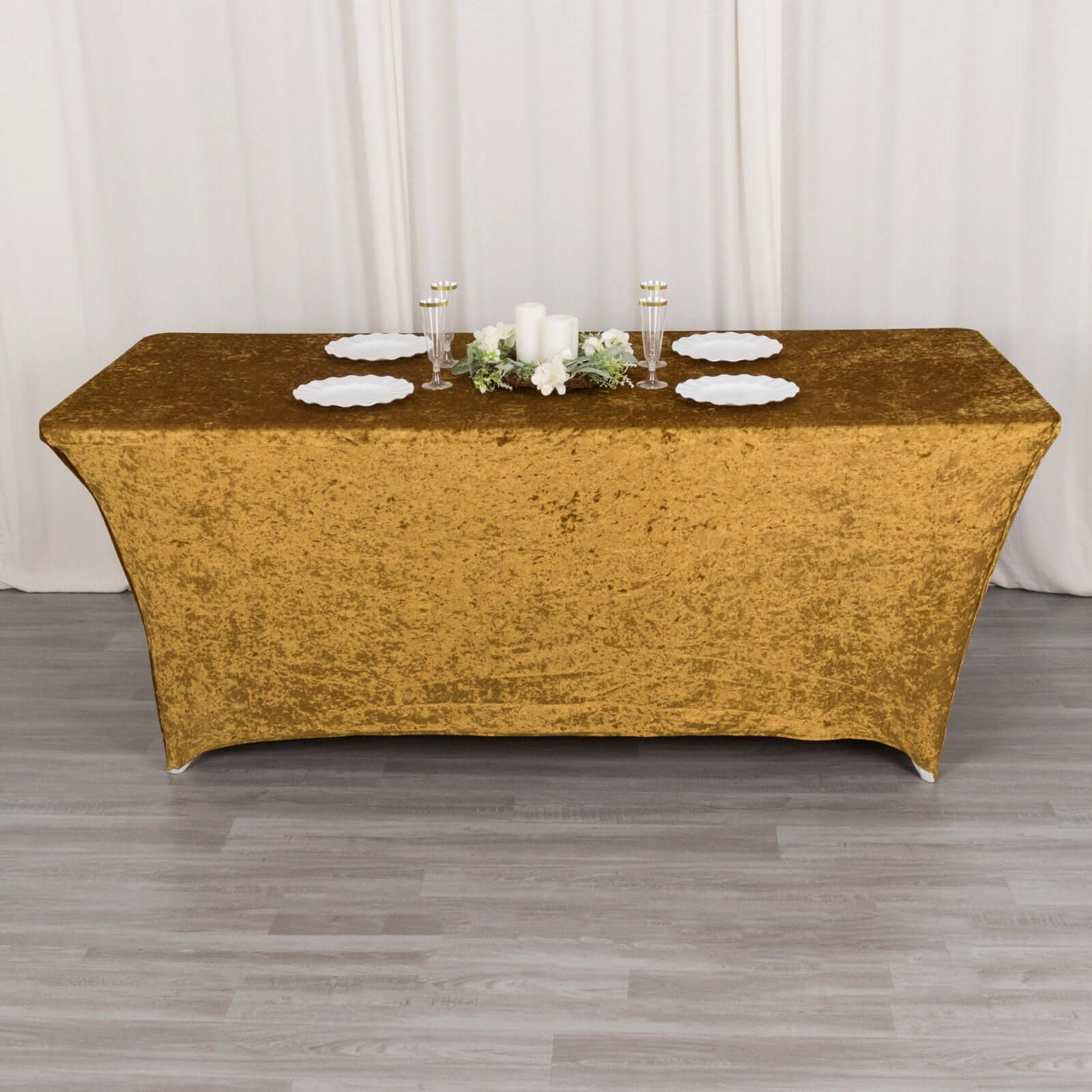 Crushed Velvet Fitted Rectangular 6ft Table Cover Gold - Wrinkle - Free Stretchy Tablecloth - Bell Racket Store