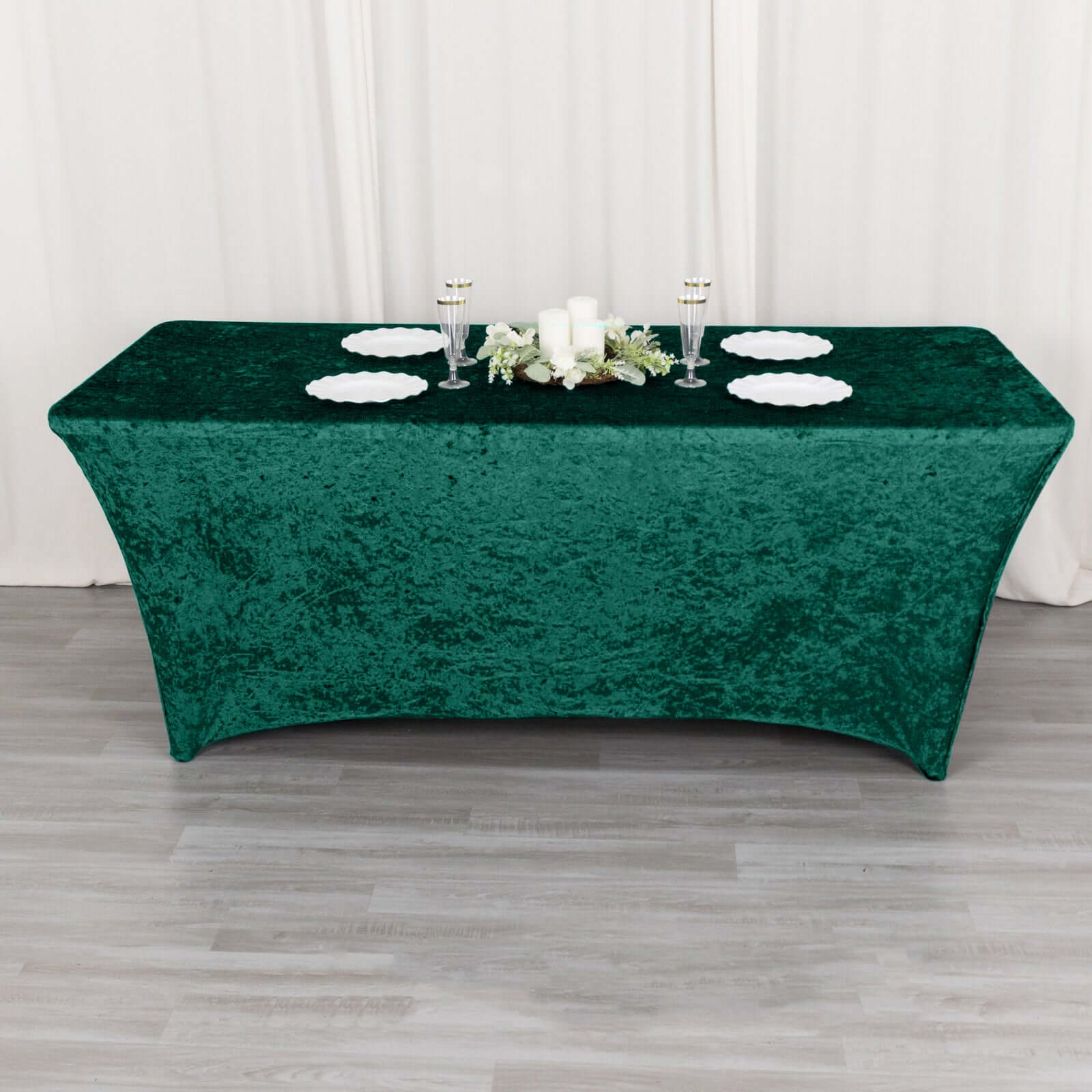 Crushed Velvet Fitted Rectangular 6ft Table Cover Hunter Emerald Green - Wrinkle - Free Stretchy Tablecloth - Bell Racket Store