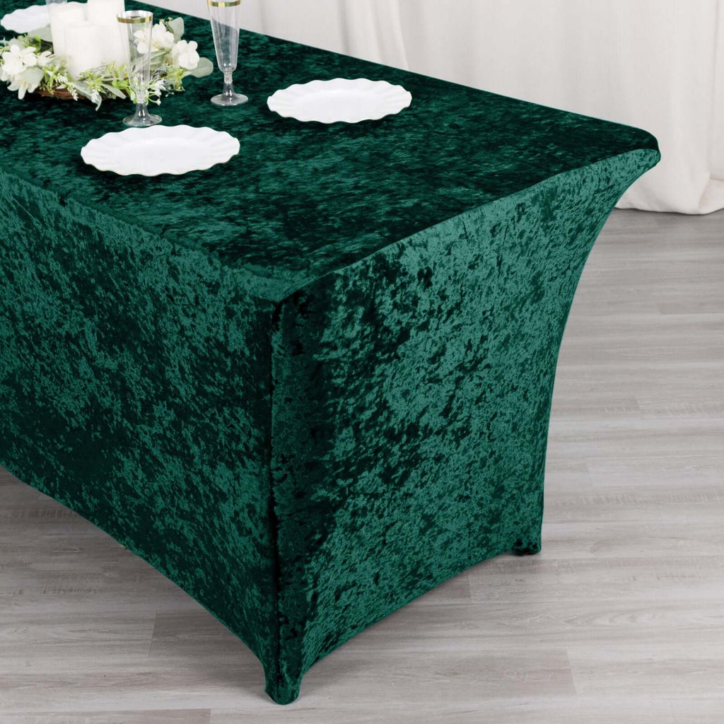 Crushed Velvet Fitted Rectangular 6ft Table Cover Hunter Emerald Green - Wrinkle - Free Stretchy Tablecloth - Bell Racket Store