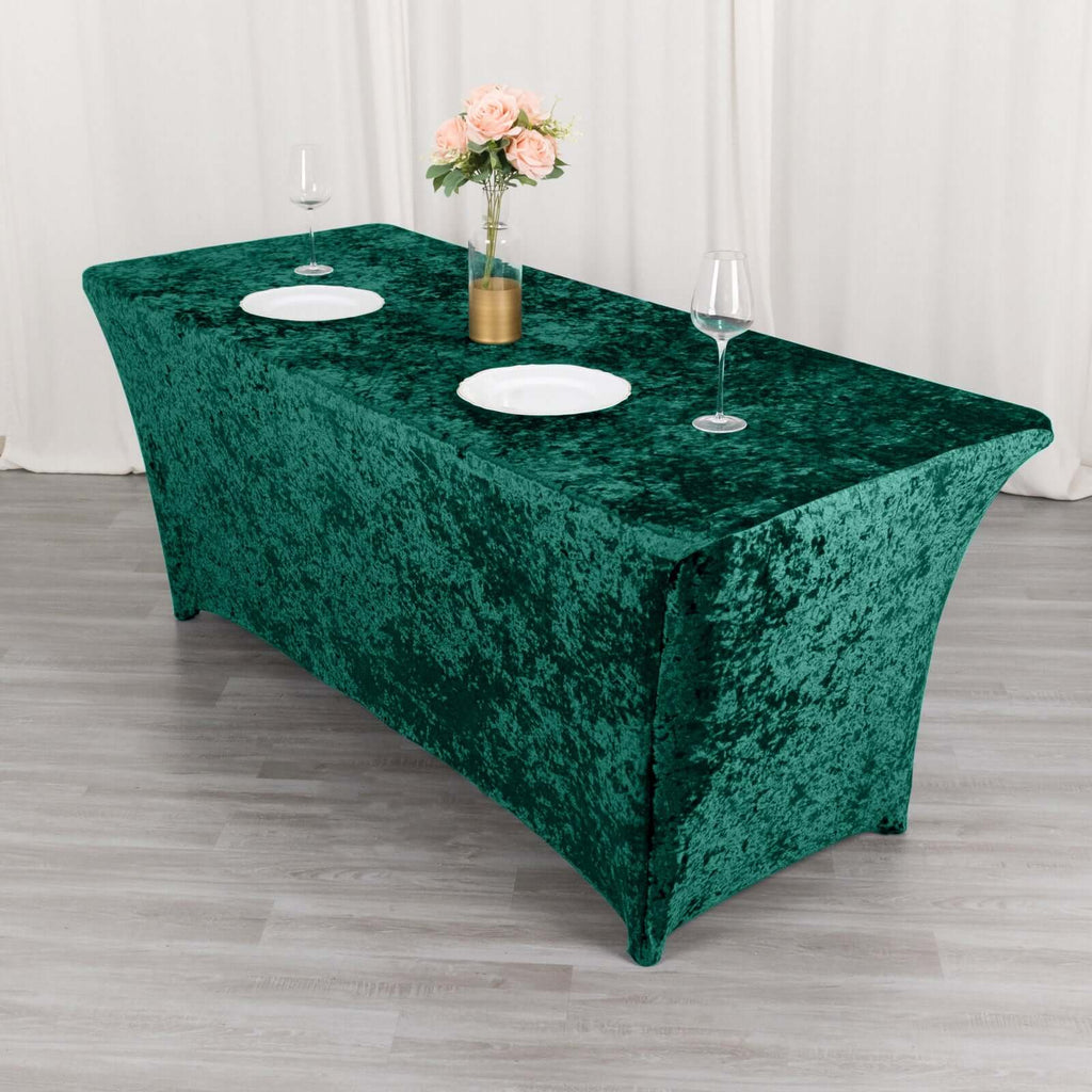 Crushed Velvet Fitted Rectangular 6ft Table Cover Hunter Emerald Green - Wrinkle - Free Stretchy Tablecloth - Bell Racket Store