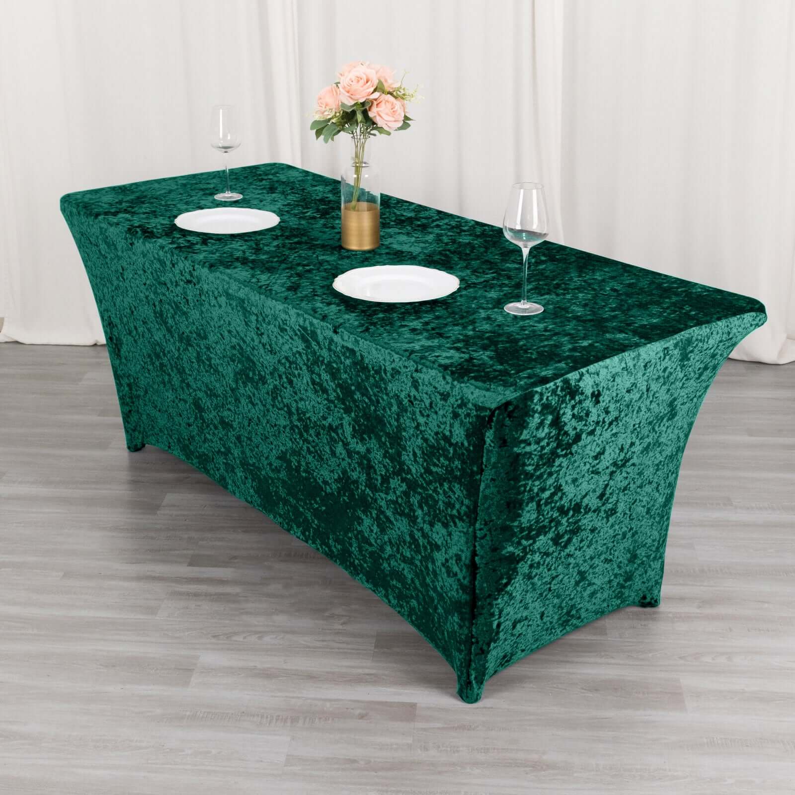Crushed Velvet Fitted Rectangular 6ft Table Cover Hunter Emerald Green - Wrinkle - Free Stretchy Tablecloth - Bell Racket Store
