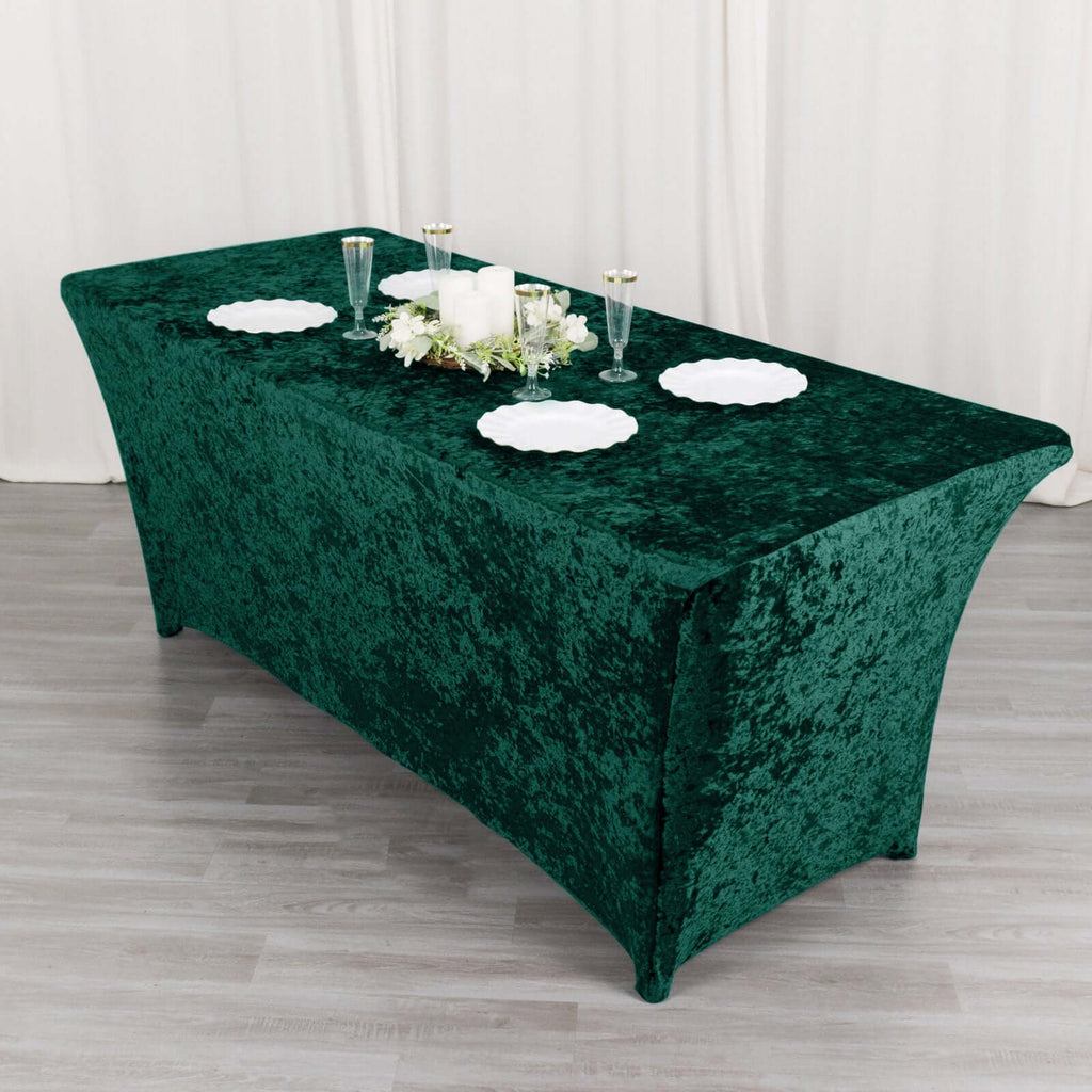 Crushed Velvet Fitted Rectangular 6ft Table Cover Hunter Emerald Green - Wrinkle - Free Stretchy Tablecloth - Bell Racket Store