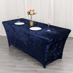 Crushed Velvet Fitted Rectangular 6ft Table Cover Navy Blue - Wrinkle - Free Stretchy Tablecloth - Bell Racket Store