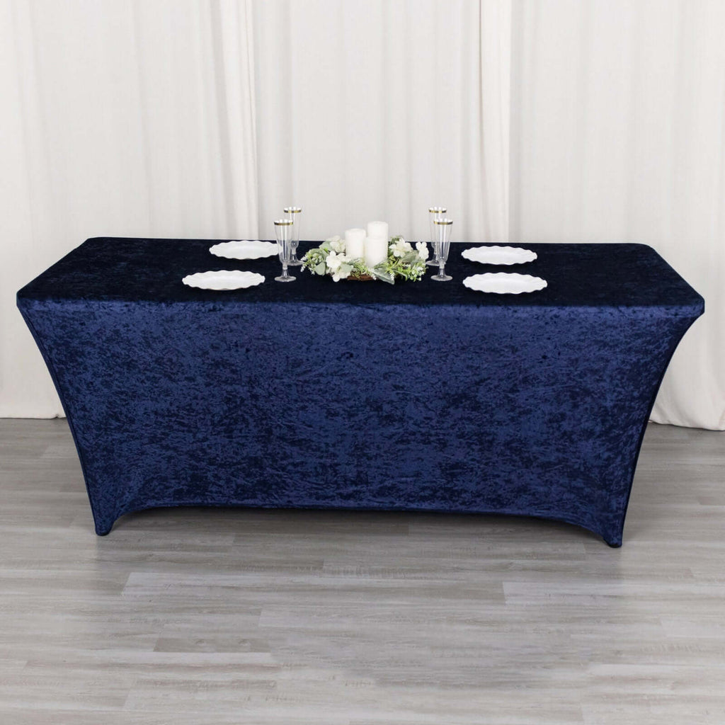 Crushed Velvet Fitted Rectangular 6ft Table Cover Navy Blue - Wrinkle - Free Stretchy Tablecloth - Bell Racket Store