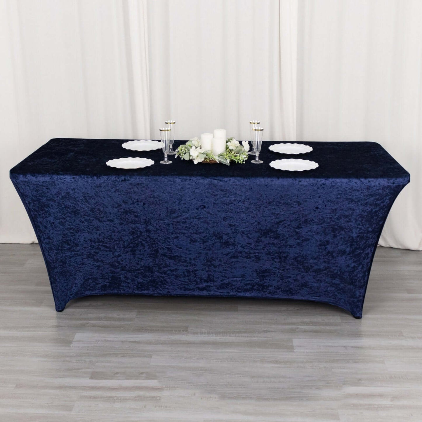 Crushed Velvet Fitted Rectangular 6ft Table Cover Navy Blue - Wrinkle - Free Stretchy Tablecloth - Bell Racket Store