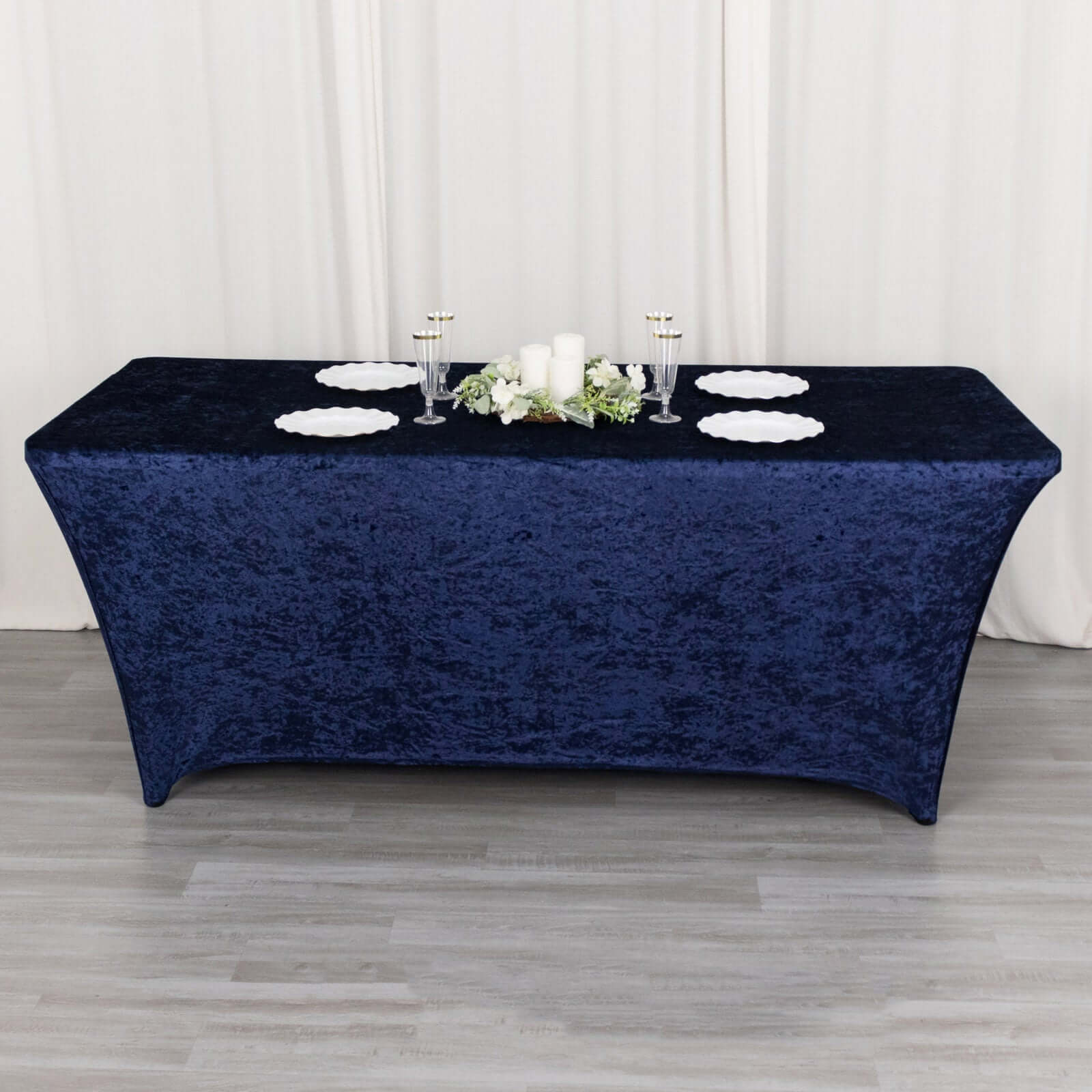 Crushed Velvet Fitted Rectangular 6ft Table Cover Navy Blue - Wrinkle - Free Stretchy Tablecloth - Bell Racket Store