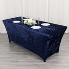 Crushed Velvet Fitted Rectangular 6ft Table Cover Navy Blue - Wrinkle - Free Stretchy Tablecloth - Bell Racket Store