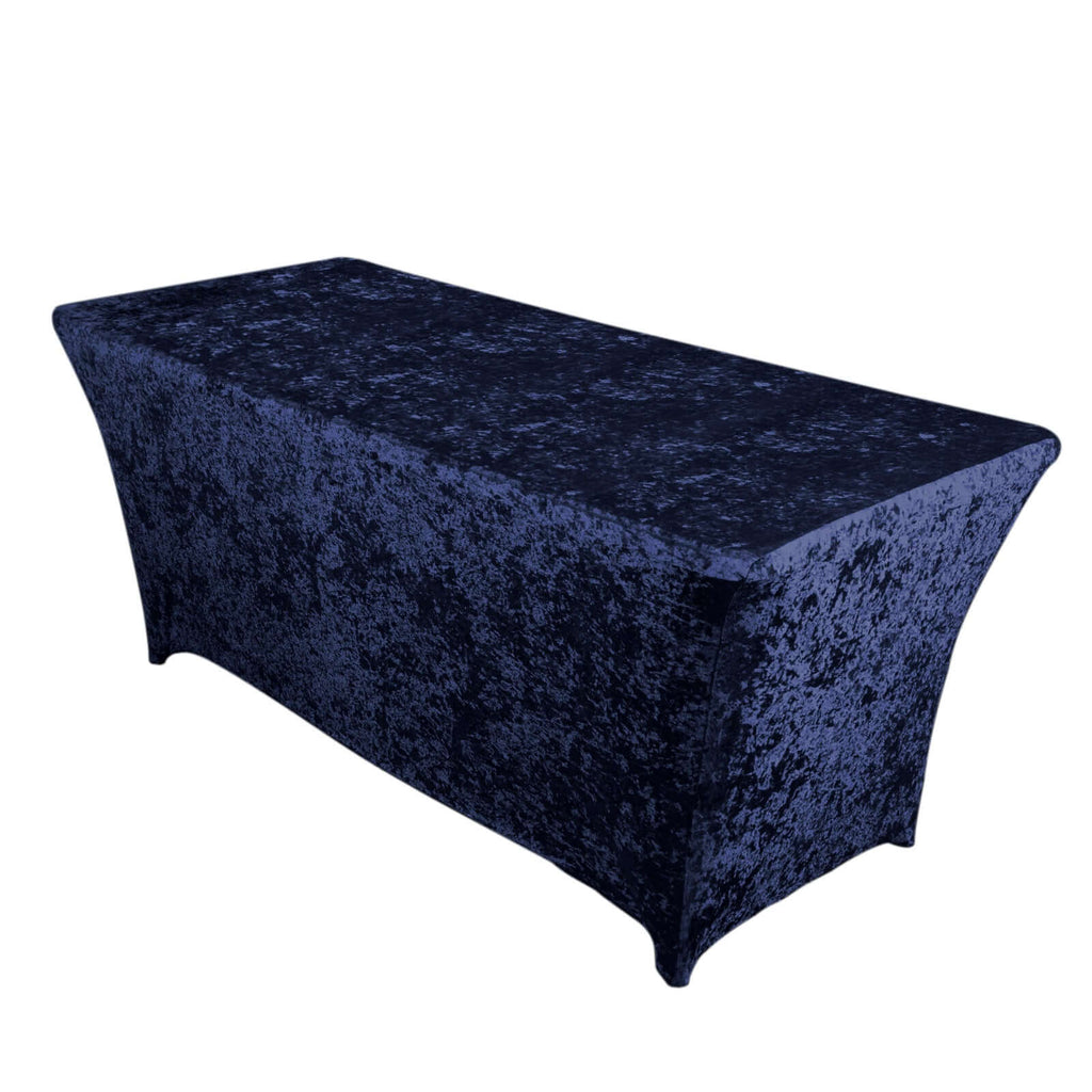Crushed Velvet Fitted Rectangular 6ft Table Cover Navy Blue - Wrinkle - Free Stretchy Tablecloth - Bell Racket Store