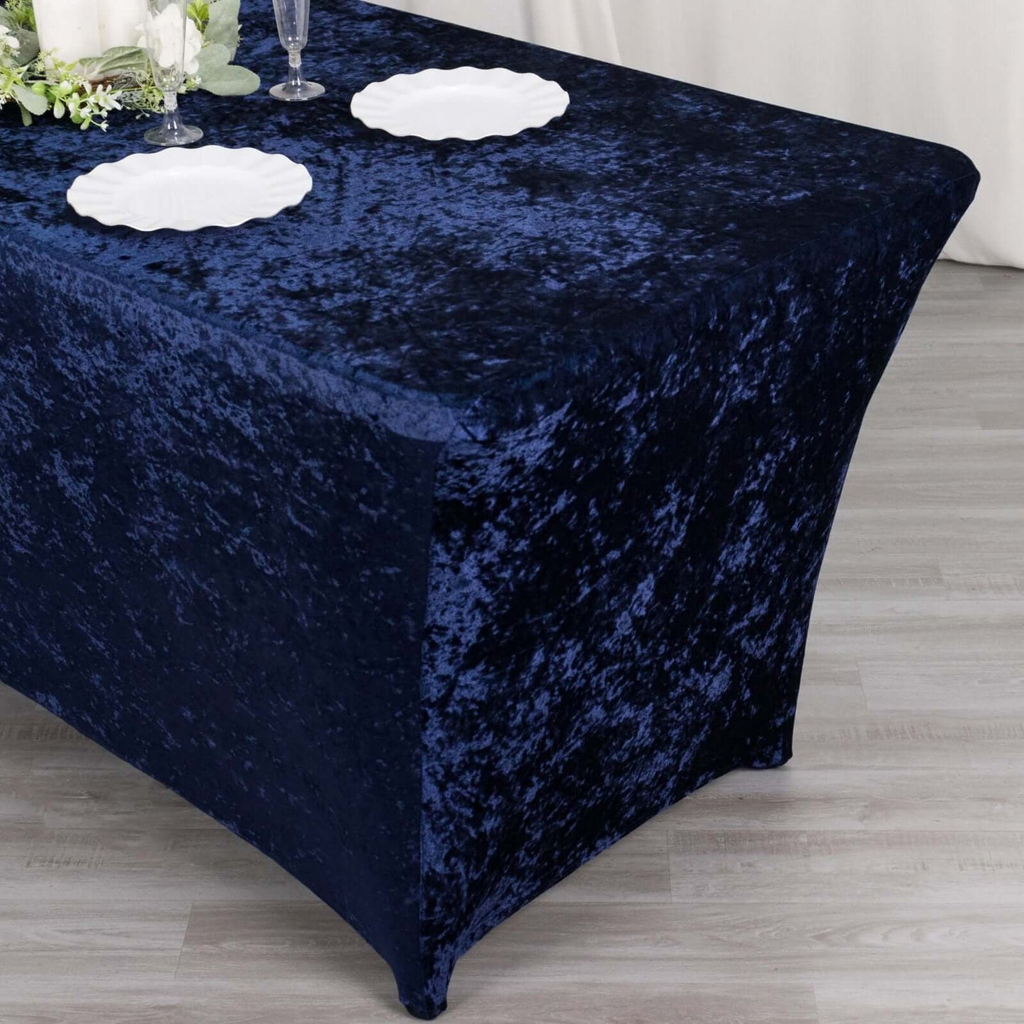 Crushed Velvet Fitted Rectangular 6ft Table Cover Navy Blue - Wrinkle - Free Stretchy Tablecloth - Bell Racket Store