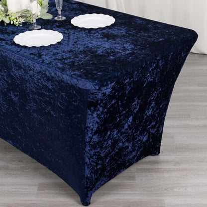 Crushed Velvet Fitted Rectangular 6ft Table Cover Navy Blue - Wrinkle - Free Stretchy Tablecloth - Bell Racket Store