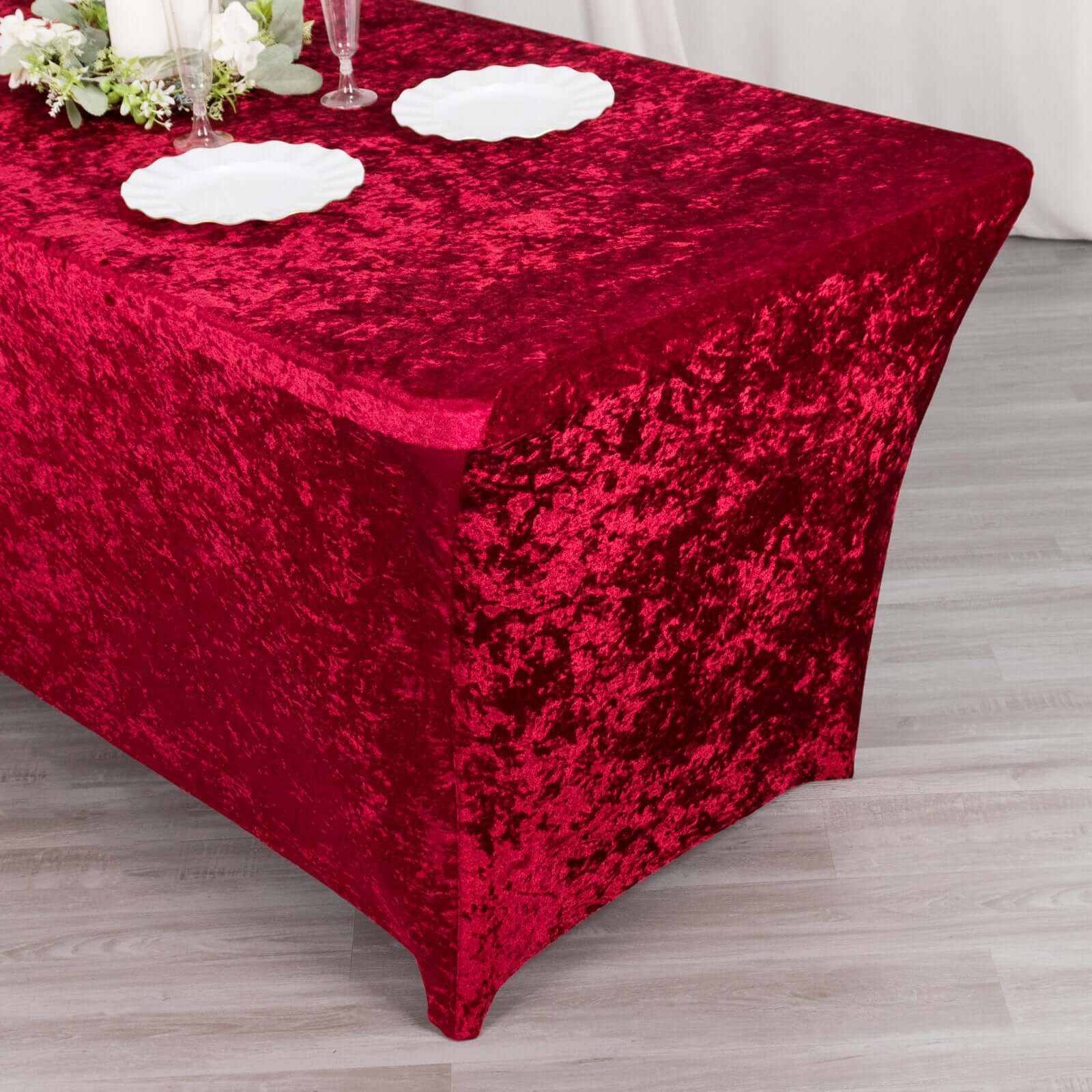 Crushed Velvet Fitted Rectangular 6ft Table Cover Red - Wrinkle - Free Stretchy Tablecloth - Bell Racket Store