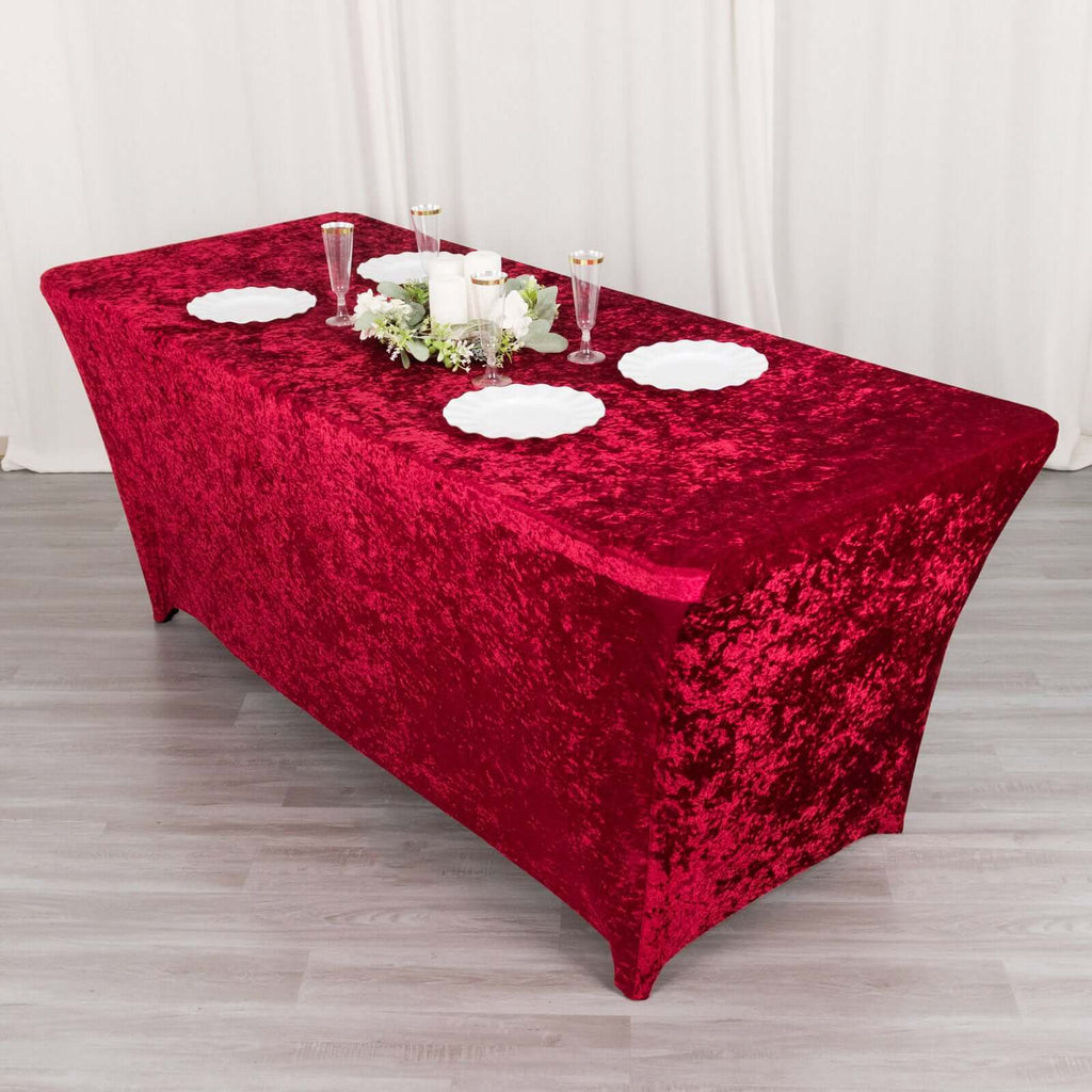 Crushed Velvet Fitted Rectangular 6ft Table Cover Red - Wrinkle - Free Stretchy Tablecloth - Bell Racket Store