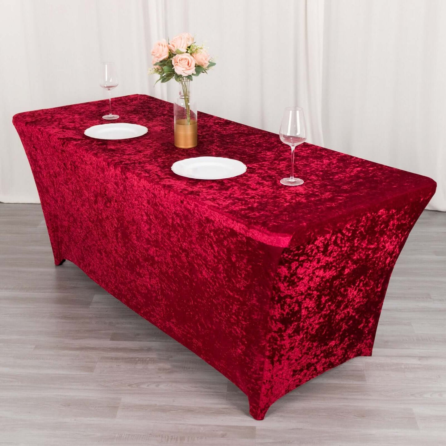 Crushed Velvet Fitted Rectangular 6ft Table Cover Red - Wrinkle - Free Stretchy Tablecloth - Bell Racket Store
