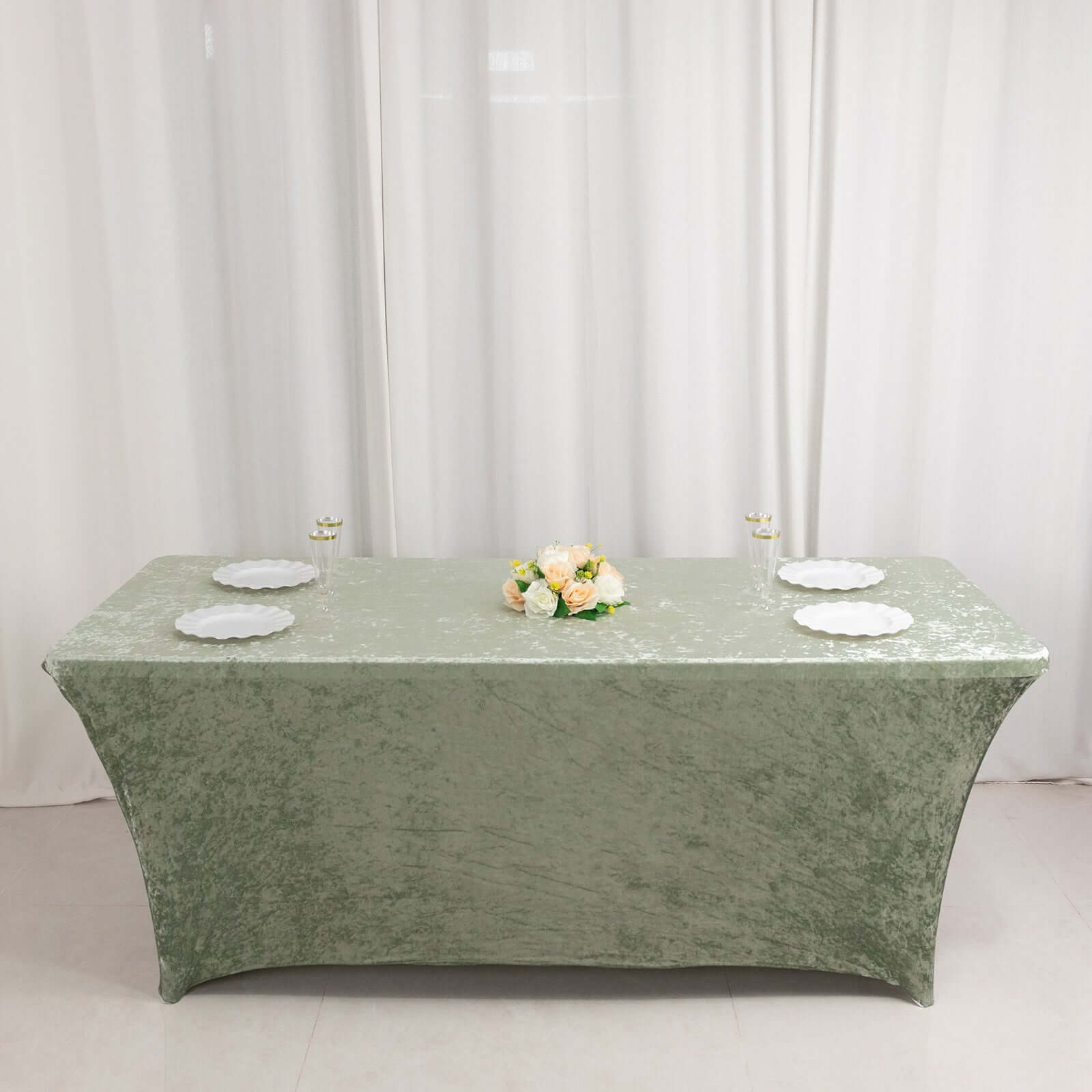 Crushed Velvet Fitted Rectangular 6ft Table Cover Sage Green - Wrinkle - Free Stretchy Tablecloth - Bell Racket Store