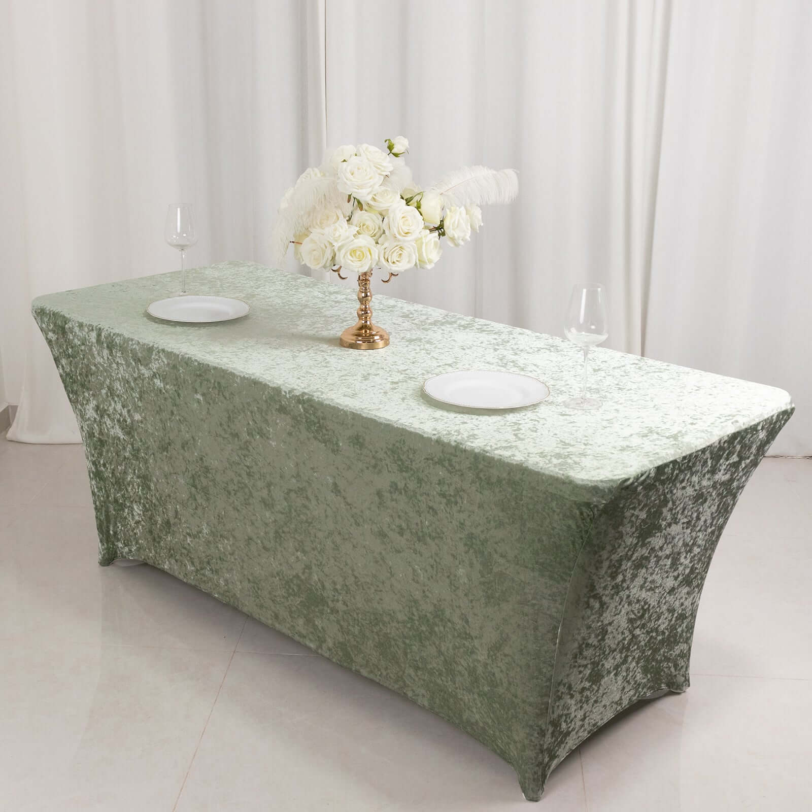 Crushed Velvet Fitted Rectangular 6ft Table Cover Sage Green - Wrinkle - Free Stretchy Tablecloth - Bell Racket Store