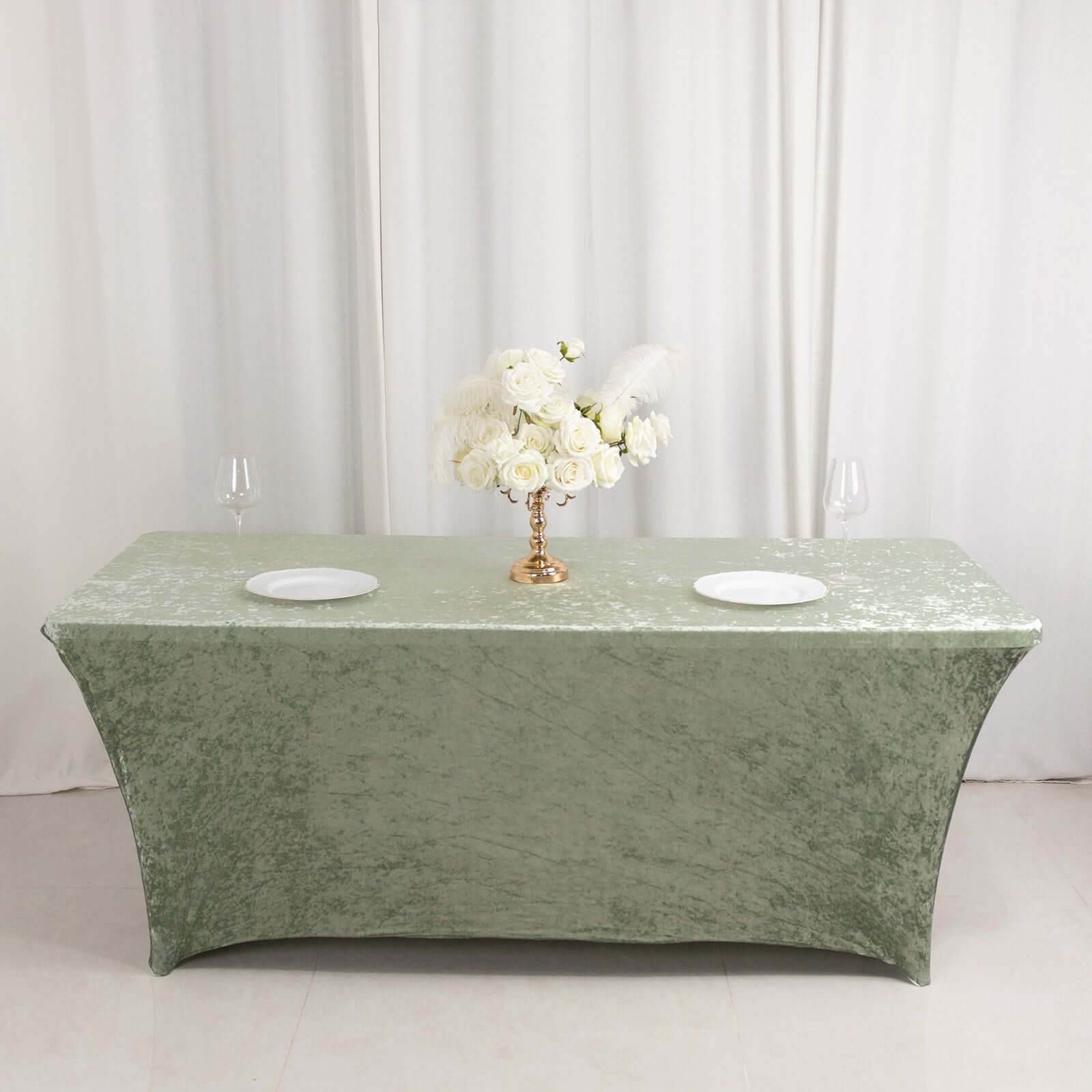 Crushed Velvet Fitted Rectangular 6ft Table Cover Sage Green - Wrinkle - Free Stretchy Tablecloth - Bell Racket Store