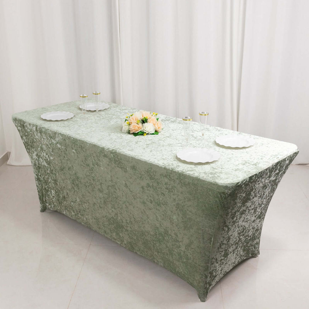 Crushed Velvet Fitted Rectangular 6ft Table Cover Sage Green - Wrinkle - Free Stretchy Tablecloth - Bell Racket Store