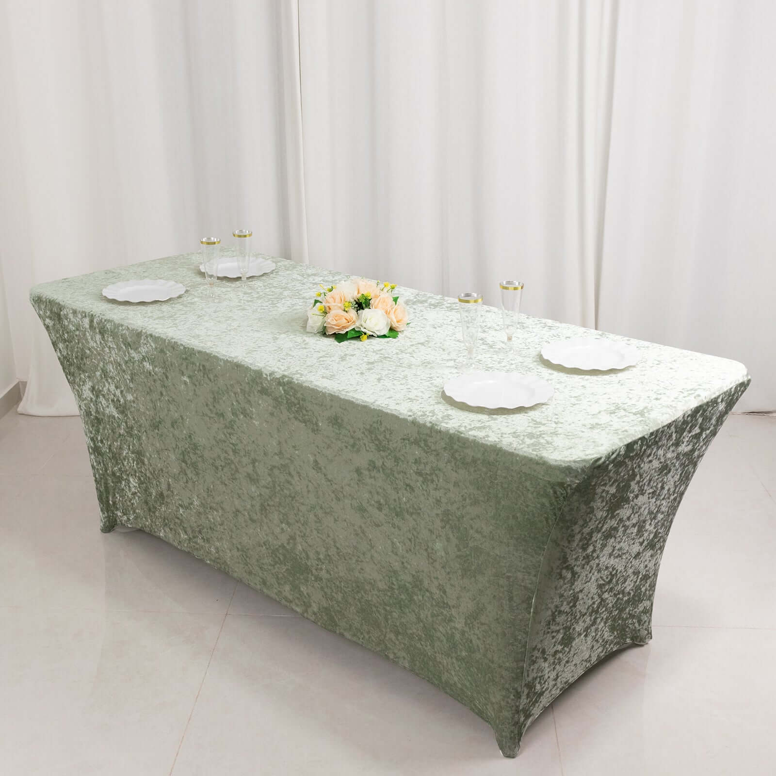 Crushed Velvet Fitted Rectangular 6ft Table Cover Sage Green - Wrinkle - Free Stretchy Tablecloth - Bell Racket Store