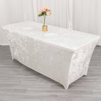 Crushed Velvet Fitted Rectangular 6ft Table Cover White - Wrinkle - Free Stretchy Tablecloth for Weddings and Banquets - Bell Racket Store
