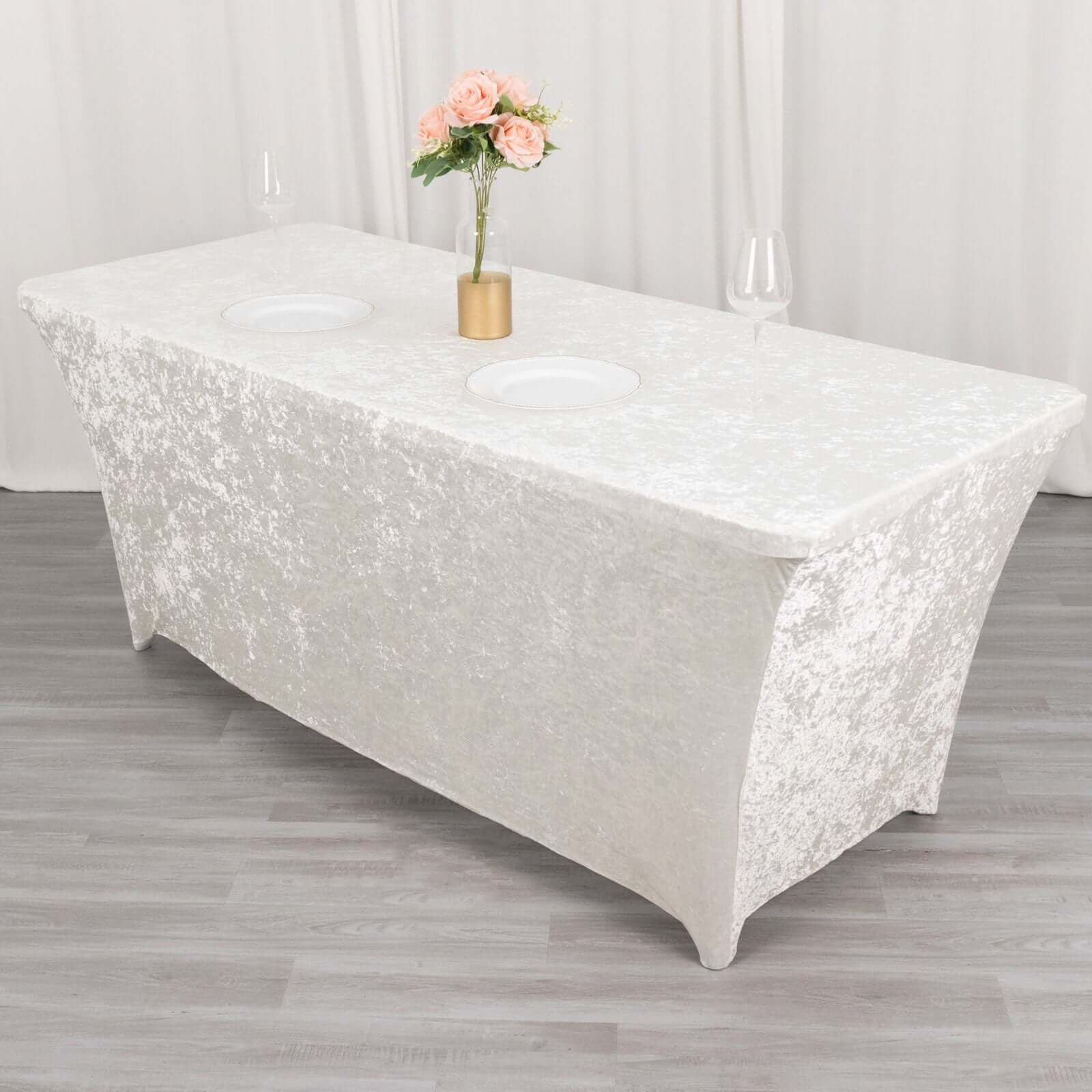 Crushed Velvet Fitted Rectangular 6ft Table Cover White - Wrinkle - Free Stretchy Tablecloth for Weddings and Banquets - Bell Racket Store