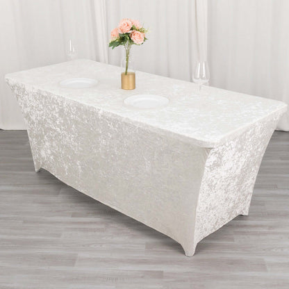 Crushed Velvet Fitted Rectangular 6ft Table Cover White - Wrinkle - Free Stretchy Tablecloth for Weddings and Banquets - Bell Racket Store