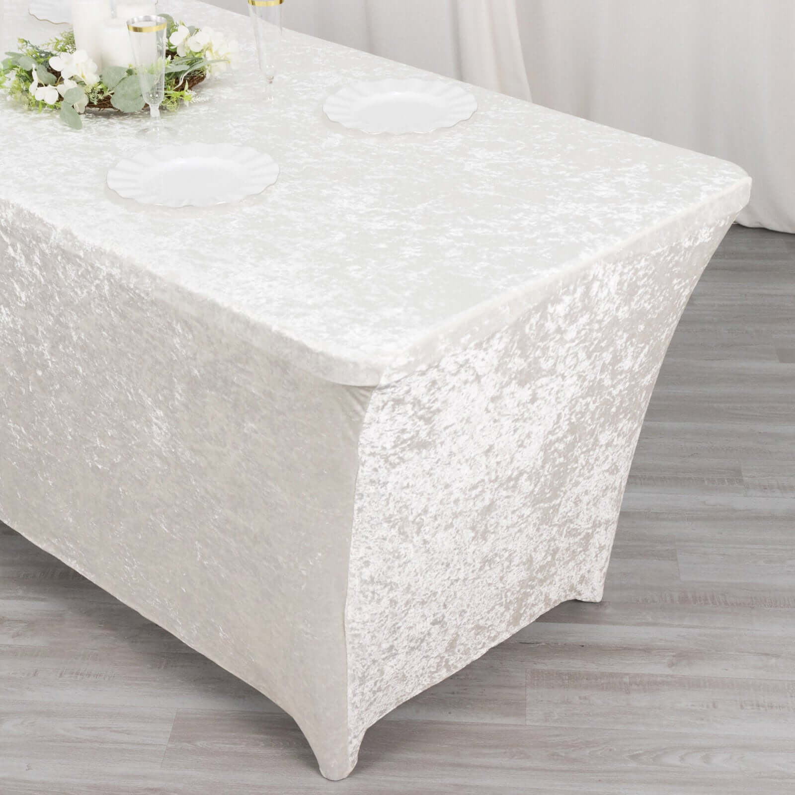 Crushed Velvet Fitted Rectangular 6ft Table Cover White - Wrinkle - Free Stretchy Tablecloth for Weddings and Banquets - Bell Racket Store
