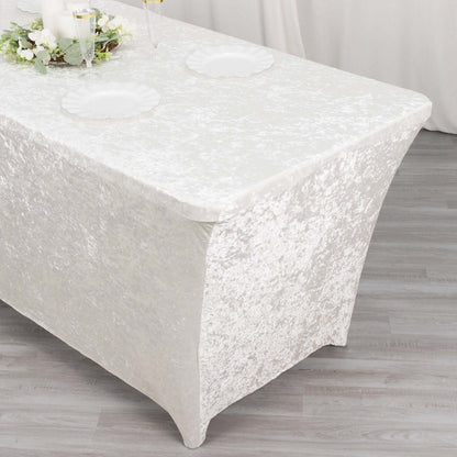 Crushed Velvet Fitted Rectangular 6ft Table Cover White - Wrinkle - Free Stretchy Tablecloth for Weddings and Banquets - Bell Racket Store
