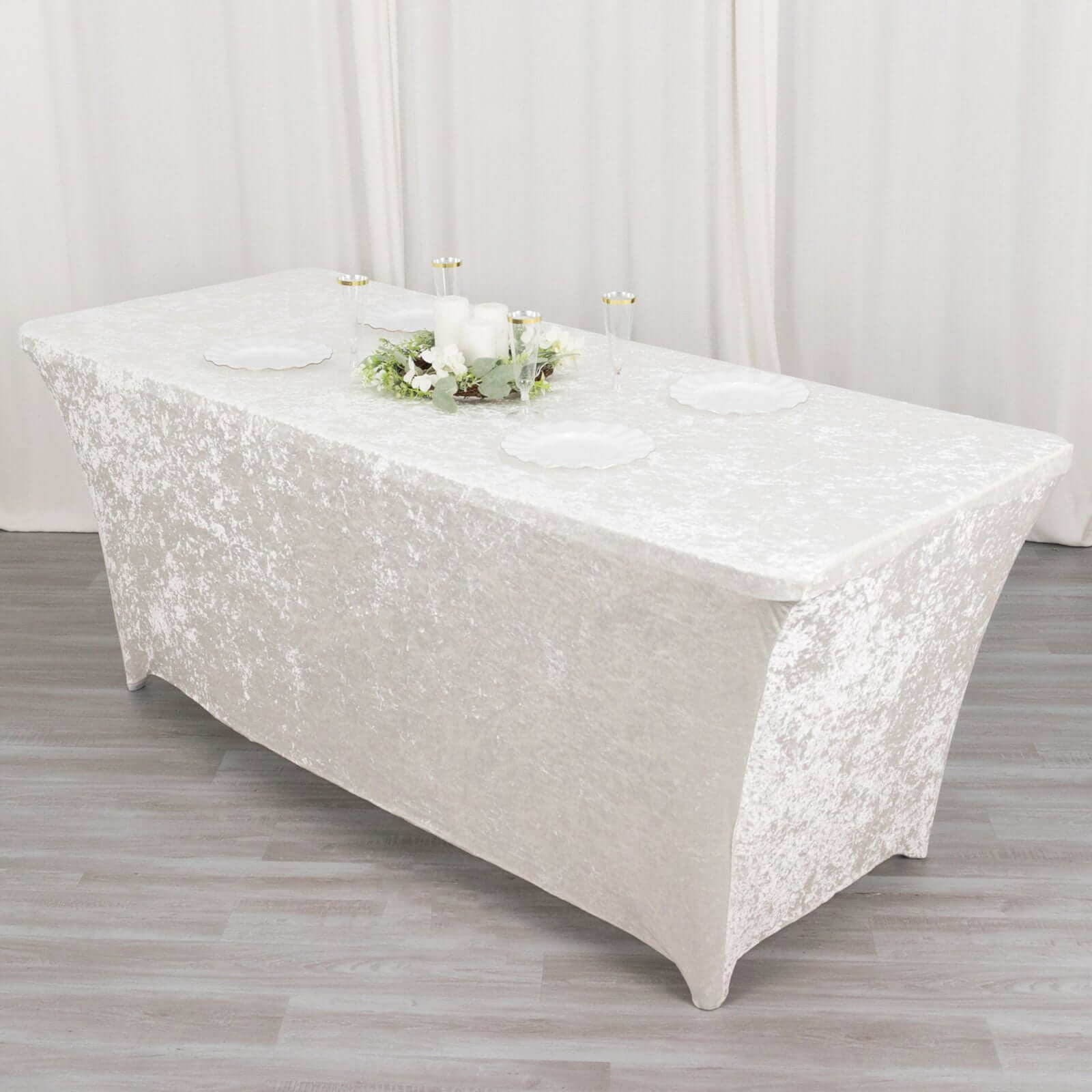 Crushed Velvet Fitted Rectangular 6ft Table Cover White - Wrinkle - Free Stretchy Tablecloth for Weddings and Banquets - Bell Racket Store