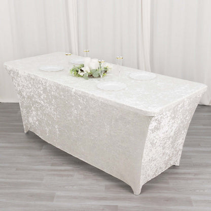Crushed Velvet Fitted Rectangular 6ft Table Cover White - Wrinkle - Free Stretchy Tablecloth for Weddings and Banquets - Bell Racket Store