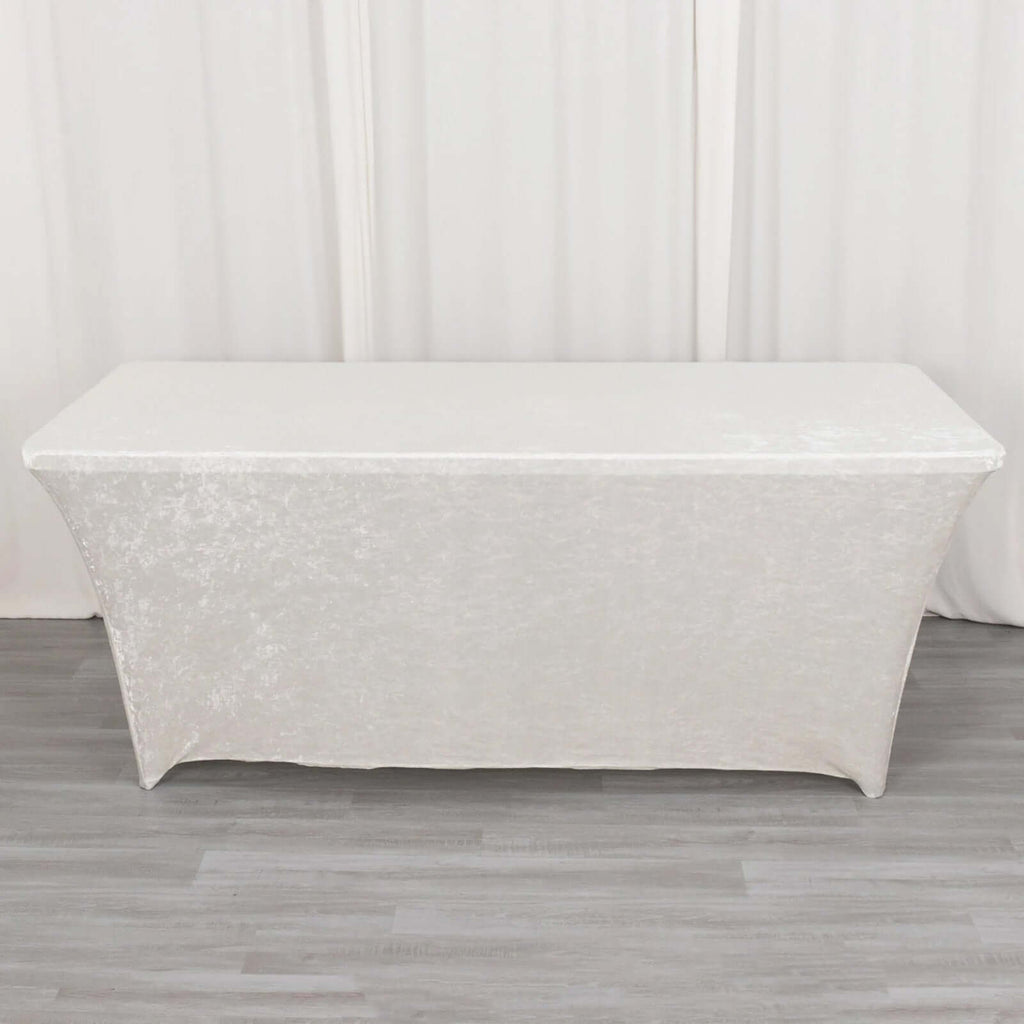 Crushed Velvet Fitted Rectangular 6ft Table Cover White - Wrinkle - Free Stretchy Tablecloth for Weddings and Banquets - Bell Racket Store